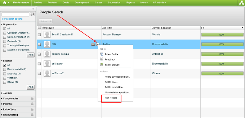 The image shows the Run Report from People Search on single employee.