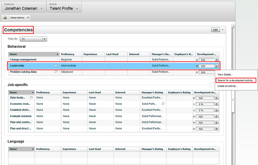 The image shows the Competencies page and the search option Search for a development activity.