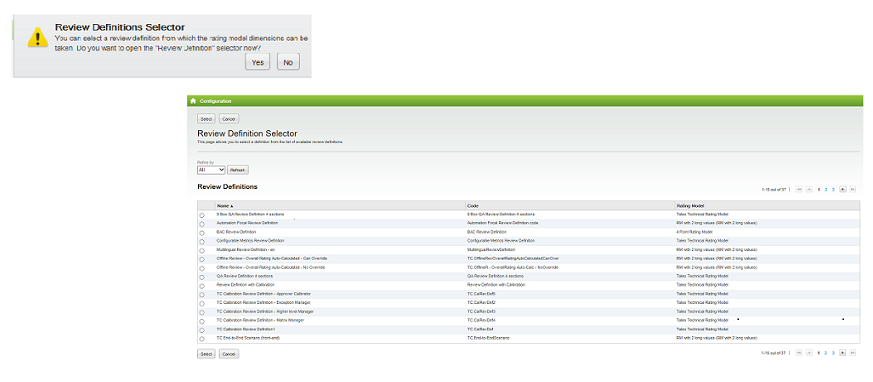 The image shows the Review Definition Selector page.