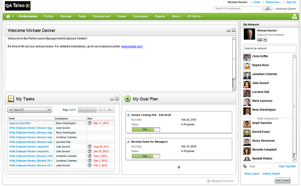 The image shows the four sections of the Employee Center: Instructions, My Tasks, My Goal Plan, My Network.