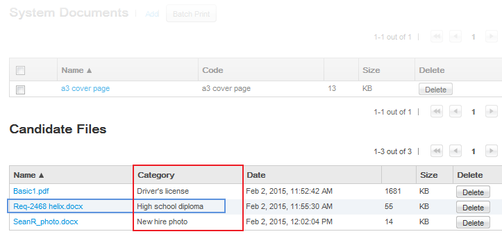 Image showing the Candidate Files section on the process page. Categories are displayed.