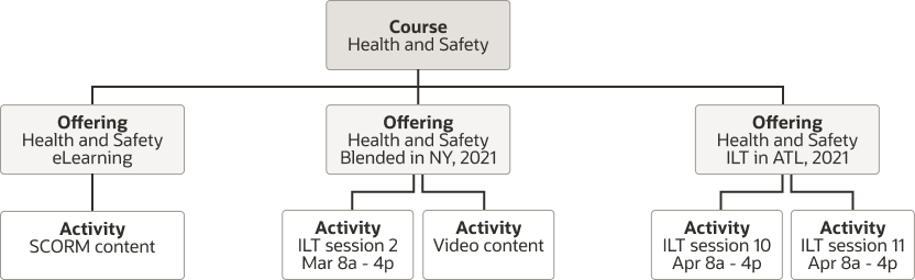 Diagram showing the offerings and associated activities that make up the example Health and Safety course.
