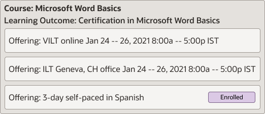 Sample Microsoft Word Basics course with blended ILT and self-paced offerings with certification learning outcome