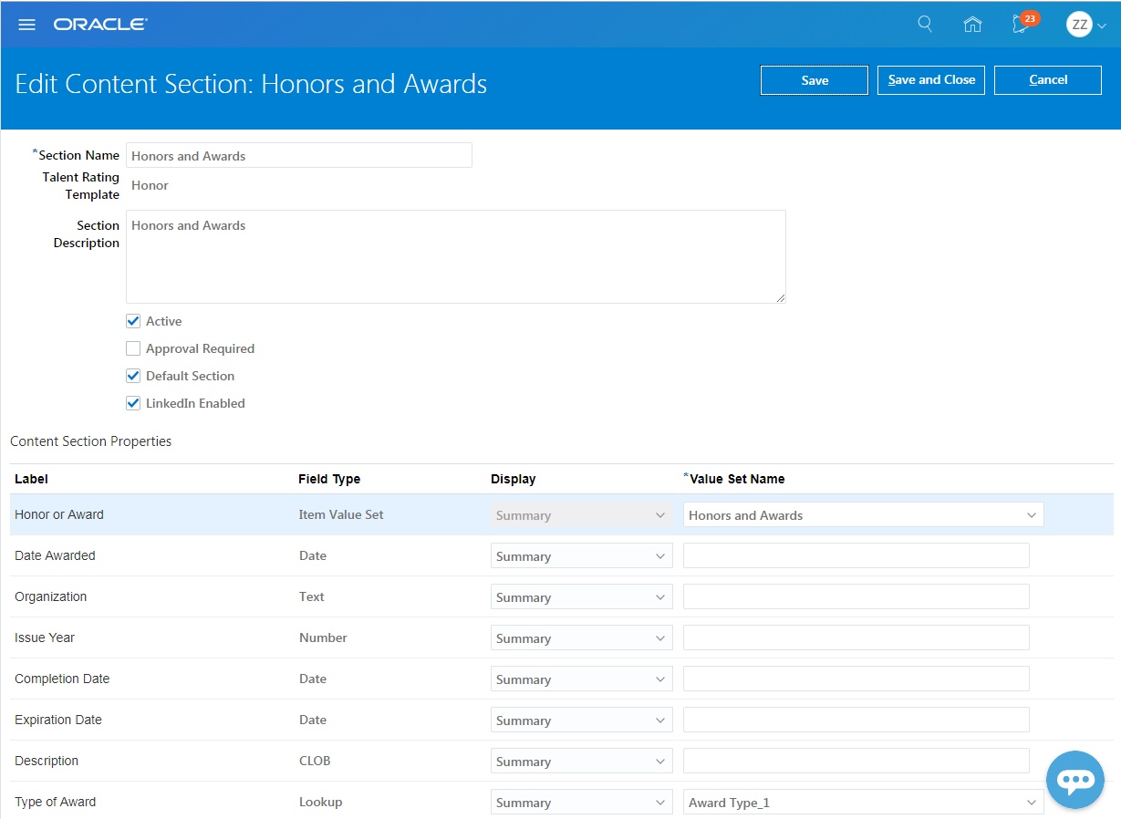 Edit Content Section: Honors and Awards page