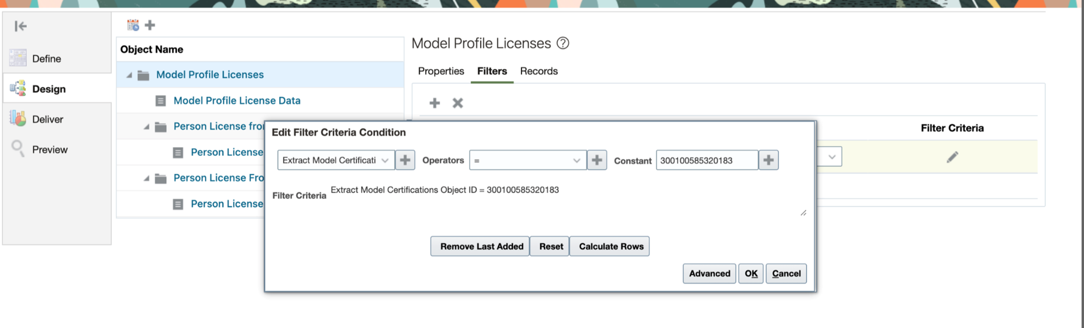 Edit filter criteria condition