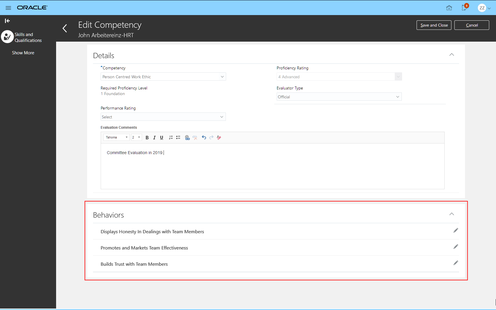Edit Competency in Skills and Qualifications