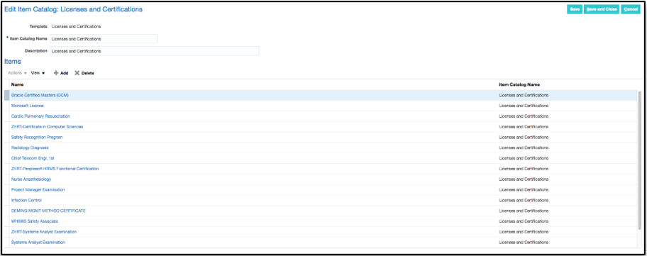 Edit Item Catalog: Licenses and Certifications