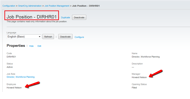 The image shows the Job Position configuration page with an example where the Director of Workforce Planning, Howard Nelson, is denoted as the Manager for that Job Position to see his own Succession Plan.