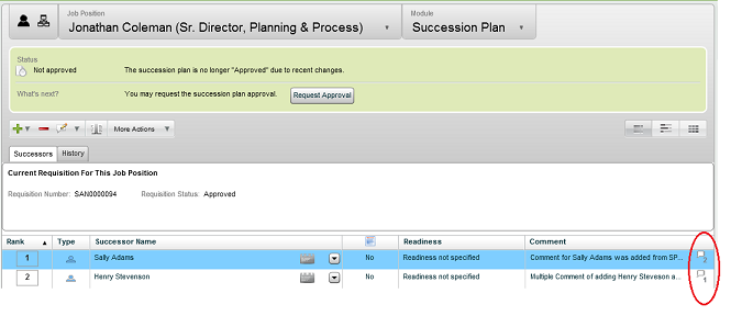 The image shows the actionable indicator that displays the number of comments associated to each successor.