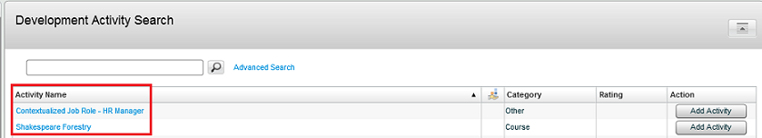 The image shows the Development Activity Search page and the results associated to the HR Manager Job Role.