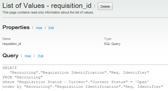 Image showing the List of Values page containing an example of a query.