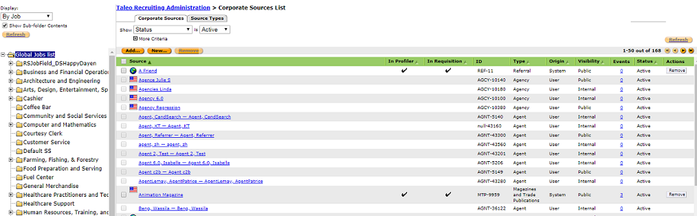 The image is a screenshot of the configuration page in Recruiting where sources are associated to job boards.