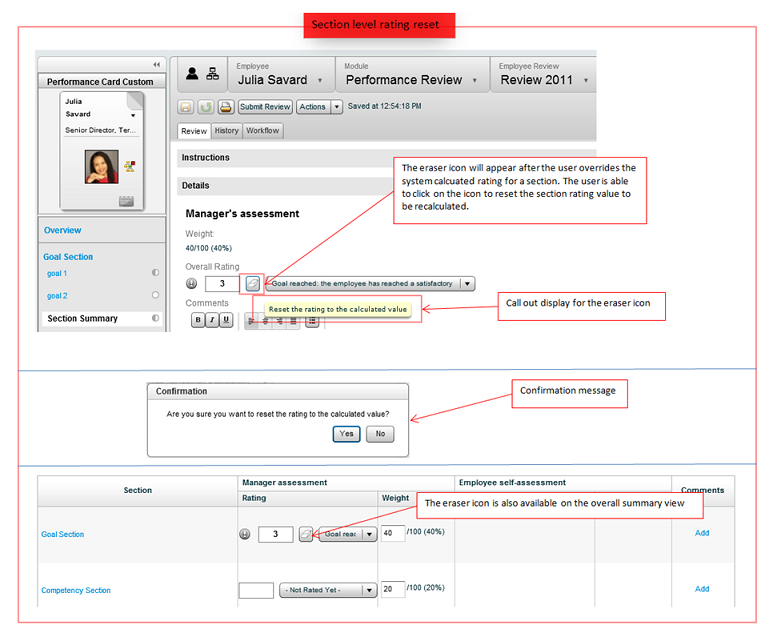 The image shows a review for an employee and how to reset a rating at the Review Item level.