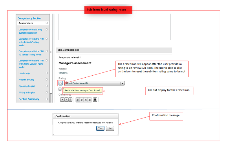 The image shows a review for an employee and how to reset a rating at the Review Section/Overall Rating level.