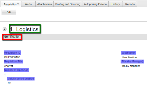 Image showing a requisition file with a section, blocks, forms, and fields.