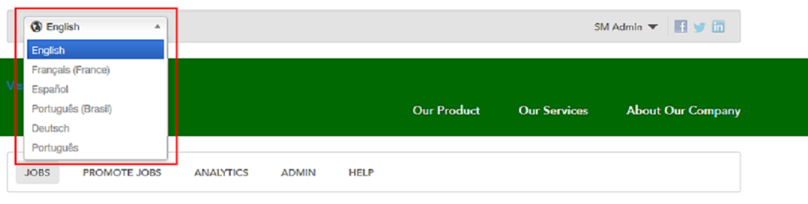 The image shows the language selector at the top left of the page.