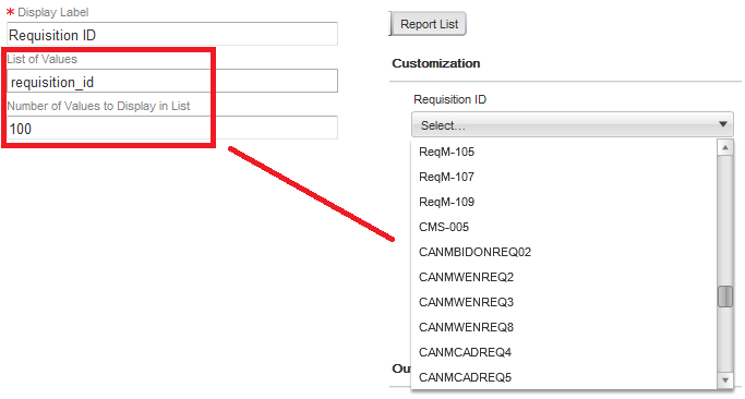 Image showing an example of the value entered in the Number of Values to Display in List field.