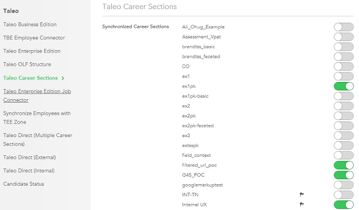 The image displays the different Career Sections listed and available to link from within the Sourcing configuration.