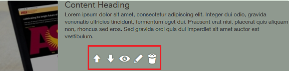 The image shows the different editing icons available for editing content blocks. These include an up arrow, down arrow, eyeball, pencil and trash can.