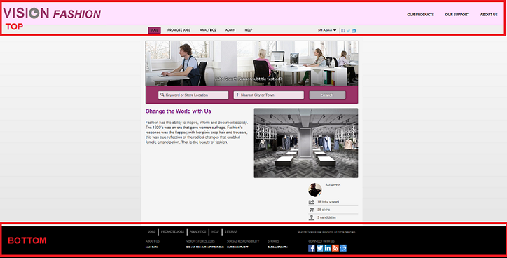 The image shows the Vision Fashion site emphasizing the top and bottom sections to illustrate that Vision Fashion uses a layout with a Top and Bottom only.