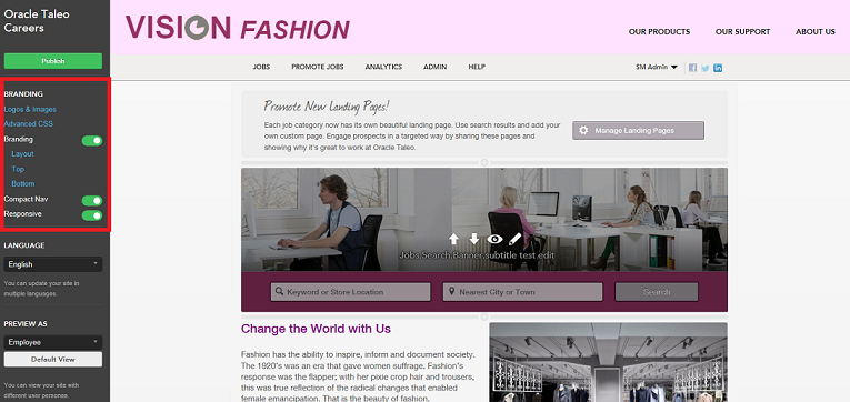 The image shows the Vision Fashion site within Site Builder and has the Branding options on the top left of the page highlighted.