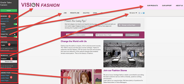 The image shows the Vision Fashion site within the Site Builder. Some of the elements on the page have arrows pointing to the area within Site Builder that these elements are configured.