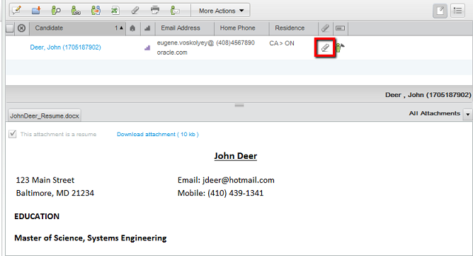 Image showing the Attachment icon on a candidate row.