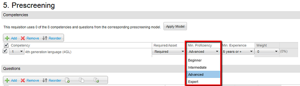 Image showing the Prescreening section when users can select the minimum proficiency level of a competency as well as the minimum years of experience.