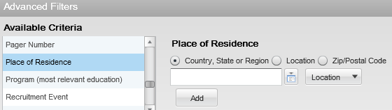 Image showing the Place of Residence filter in the Advanced Filters list.