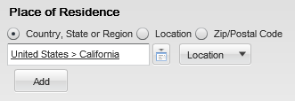 Image showing the Place of Residence filter. A country and state are selected.