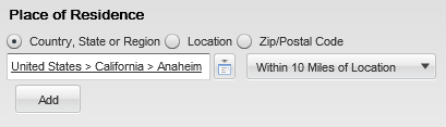 Image showing the Place of Residence filter. A country, state and region are selected. The Within 10 Miles of Location is selected.