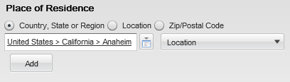 Image showing the Place of Residence filter. A country, state and region are selected.