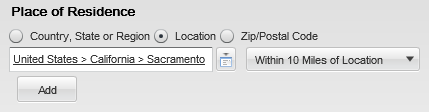 Image showing the Place of Residence filter. A country, state and region are selected. The Within 10 Miles of Location is selected.