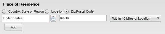 Image showing the Place of Residence filter. A country is selected. A zip code is selected.