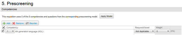 Image showing the Prescreening section when users cannot select the minimum proficiency level of a competency.