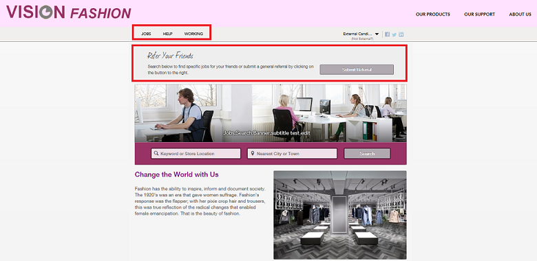 The image shows the Vision Fashion site as viewed by an External Candidate.