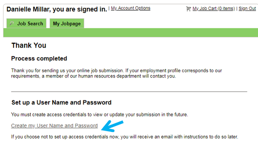 The image shows the Thank You page highlighting the Create my User Name and Password link.