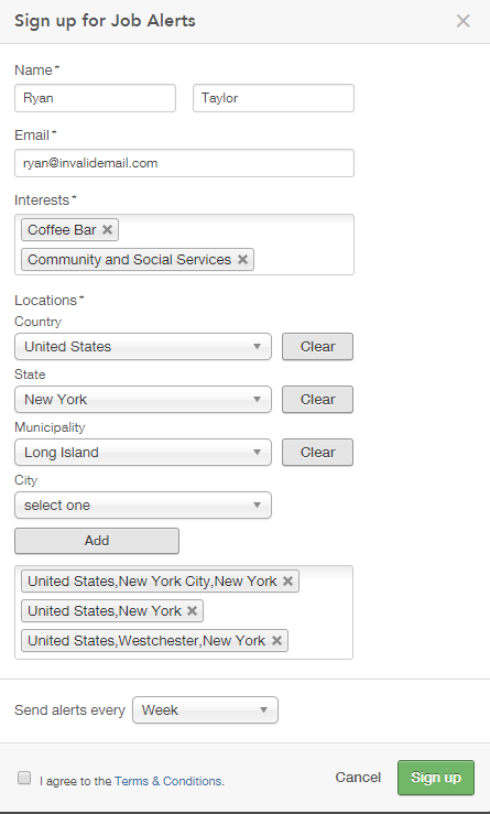 The image shows the Hierarchical Location Selector with different location levels displayed when a user is signing up for Job Alerts.