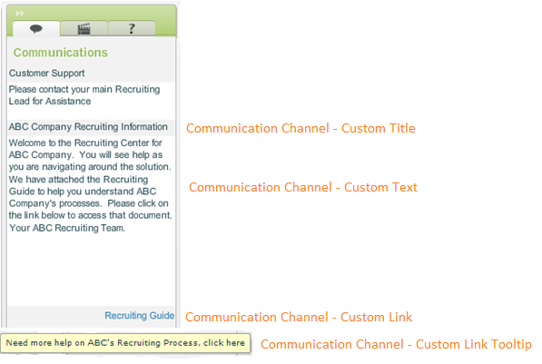 Image showing the elements of the Communications Channel that can be customized.