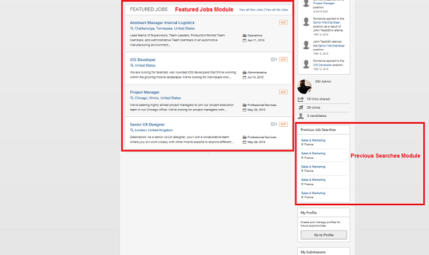 This image is the third in a series of three that show the different modules that are displayed on a site’s Home page. The Featured Jobs and Previous Searches modules are highlighted here.