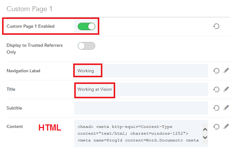 The image shows the configuration for creating a Custom page.