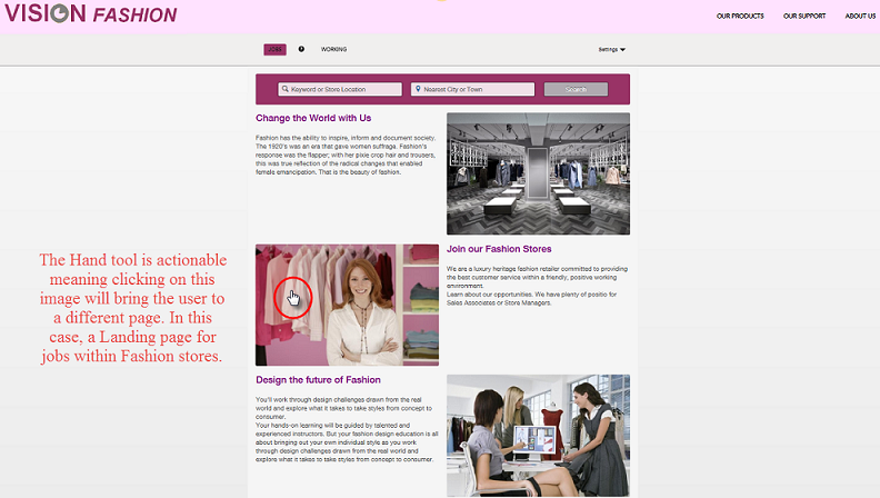 The image highlights the Hand icon on one of the images on the Home page. This shows that the image is actionable and if clicked, takes the user to a Landing page for job opportunities within Fashion stores.