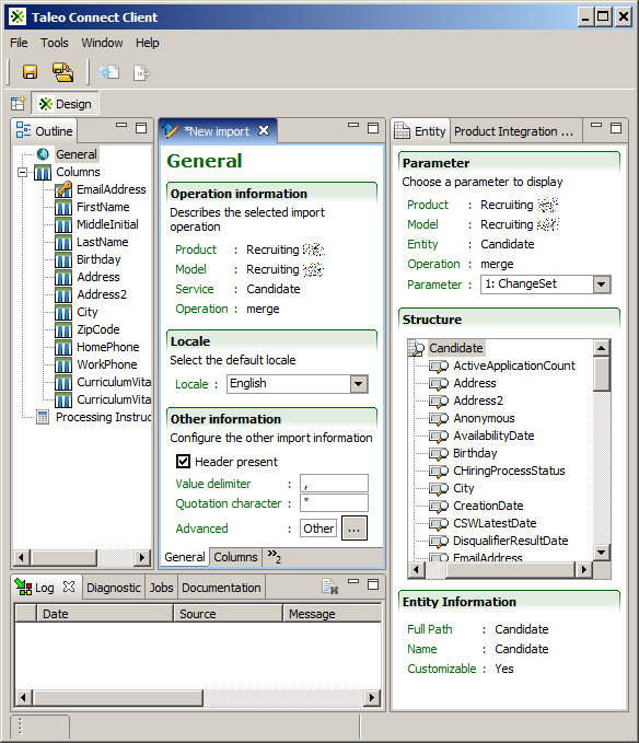 Image showing the Design window where the integration process workflow is built and where you determine how to extract information from or upload information to the Taleo environment.