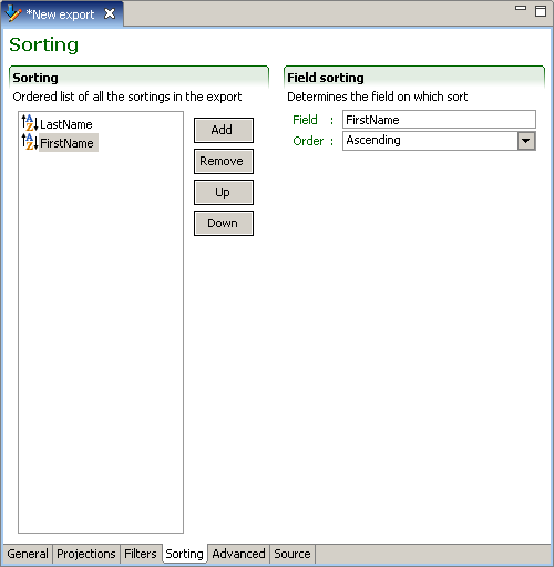 Image showing the Sorting Tab window.