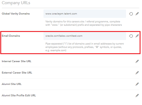 The image shows where the email domains reside in Sourcing configuration.