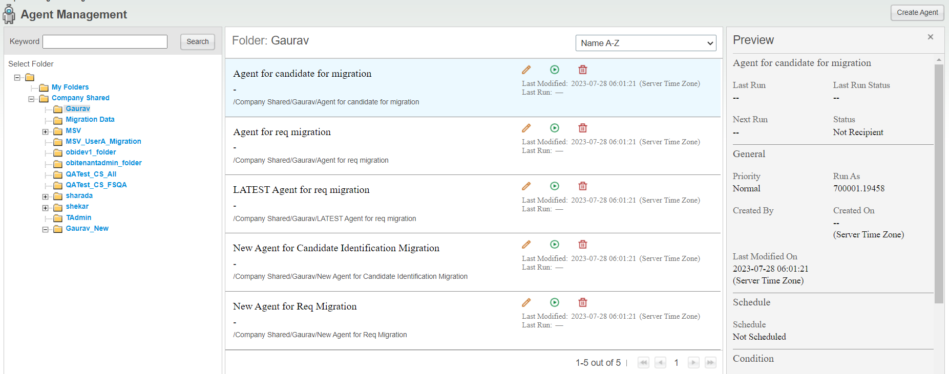 The image shows the Agent Management page in Oracle Analytics.