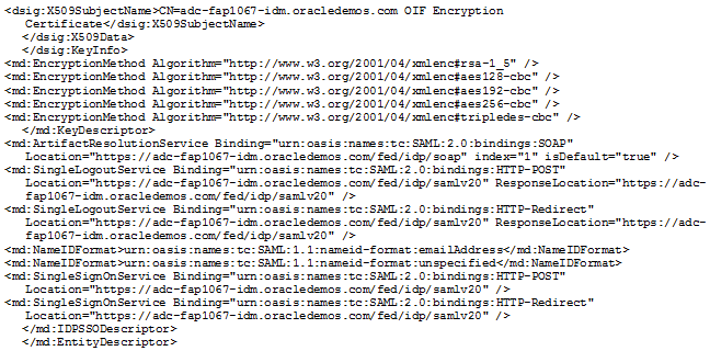 Image showing an example of an IdP metadata file.