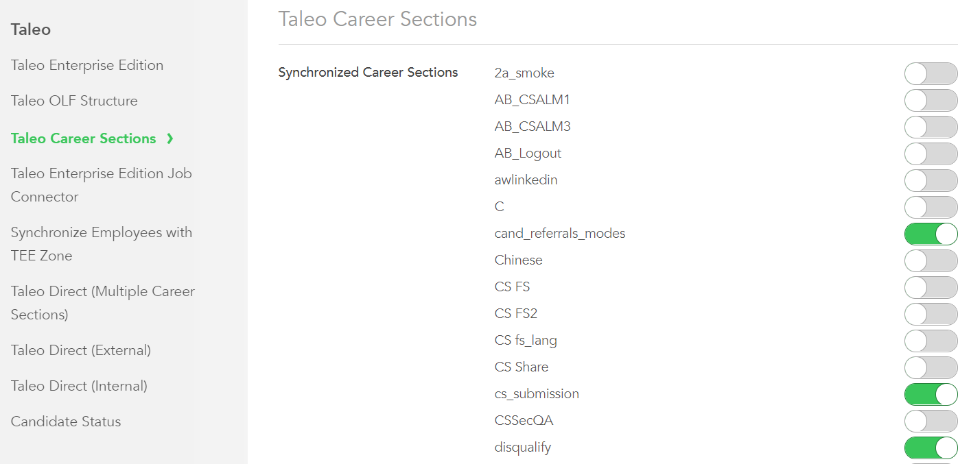 The image displays the different Career Sections listed and available to link from within the Sourcing configuration.