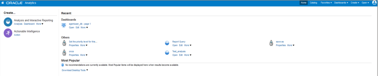 The image shows the Oracle Analytics Home page.
