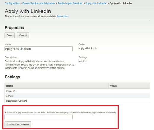 The image shows the Apply with LinkedIn configuration with the Zone URL area highlighted.